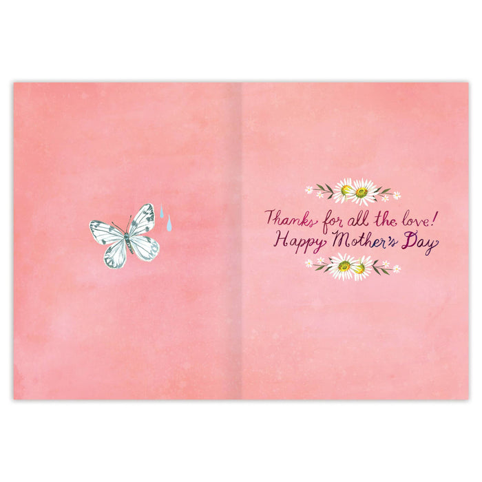 Pink Mother's Day card with butterfly and floral design on a white background
