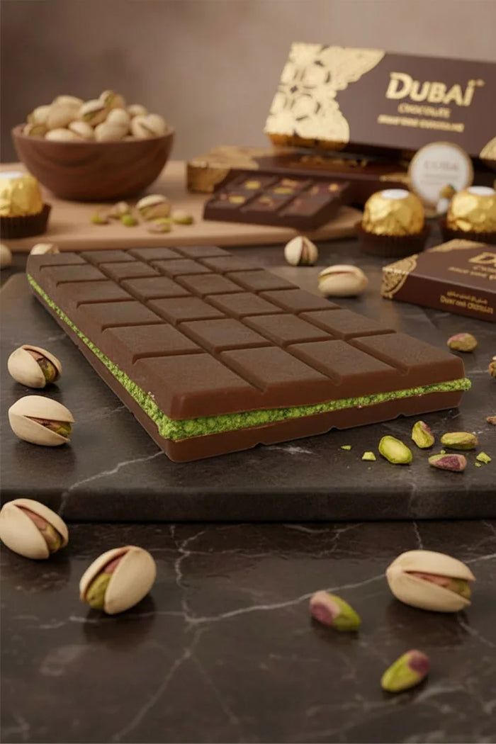 Chocolate bar with green pistachio filling, surrounded by pistachios and chocolate pieces.