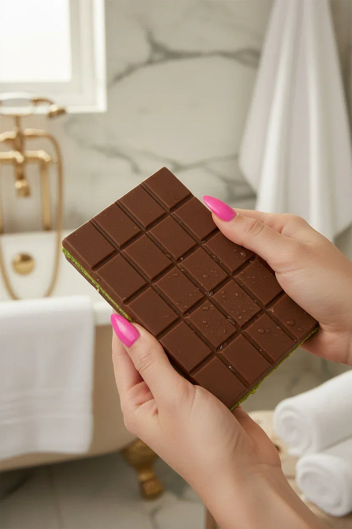 Woman with long hot pink nails holding a chocolate bar in a spa bathroom setting