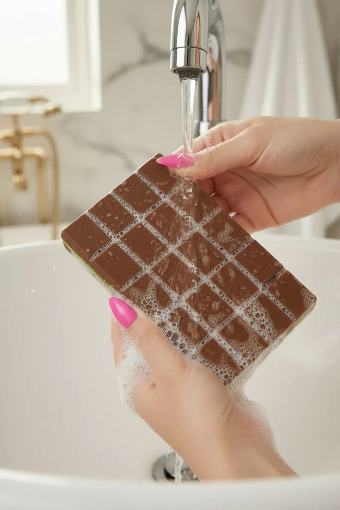 Woman washing chocolate bar shaped soap under running water in bathroom sink