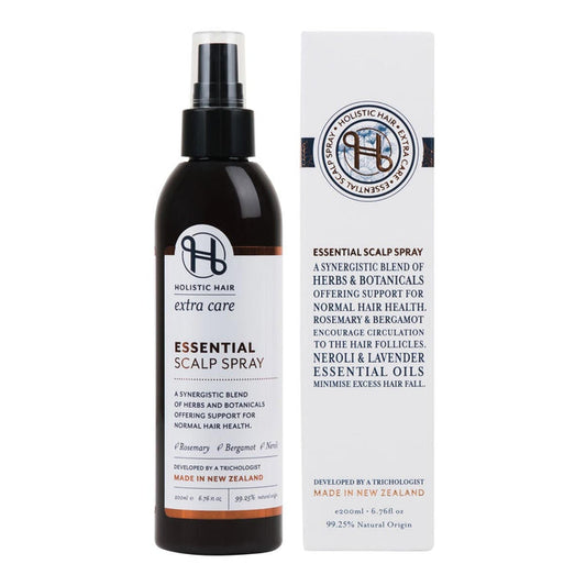 A bottle of Essential Scalp Spray by Holistic Hair packaging box, displaying the product and brand name, description, and award-winning information.