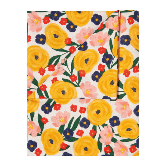 Floral patterned fabric with yellow flowers on a white background