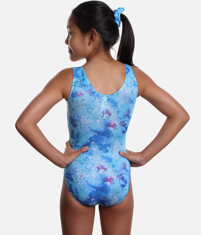 Girl's Tank Sleeves Gymnastics Leotard, Swirl of Blue Tones - 37822 (MOLECULES)