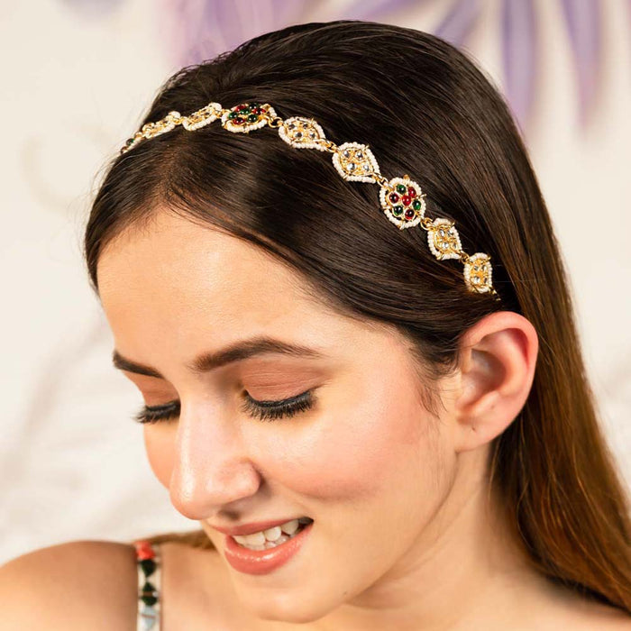 Gold Plated Hair Band for Women with Pearls and Polki - Red, White and Green