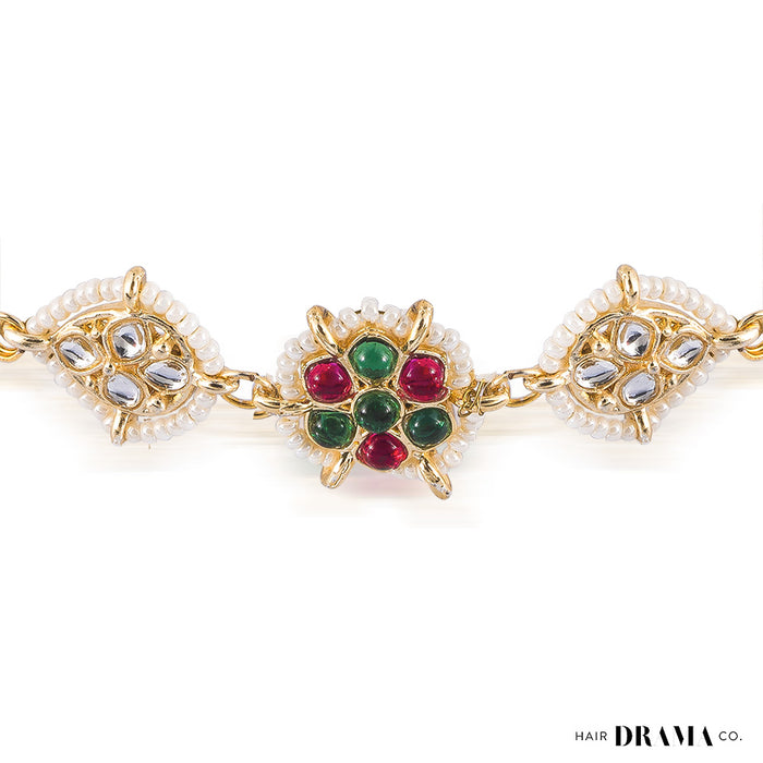 Gold Plated Hair Band for Women with Pearls and Polki - Red, White and Green