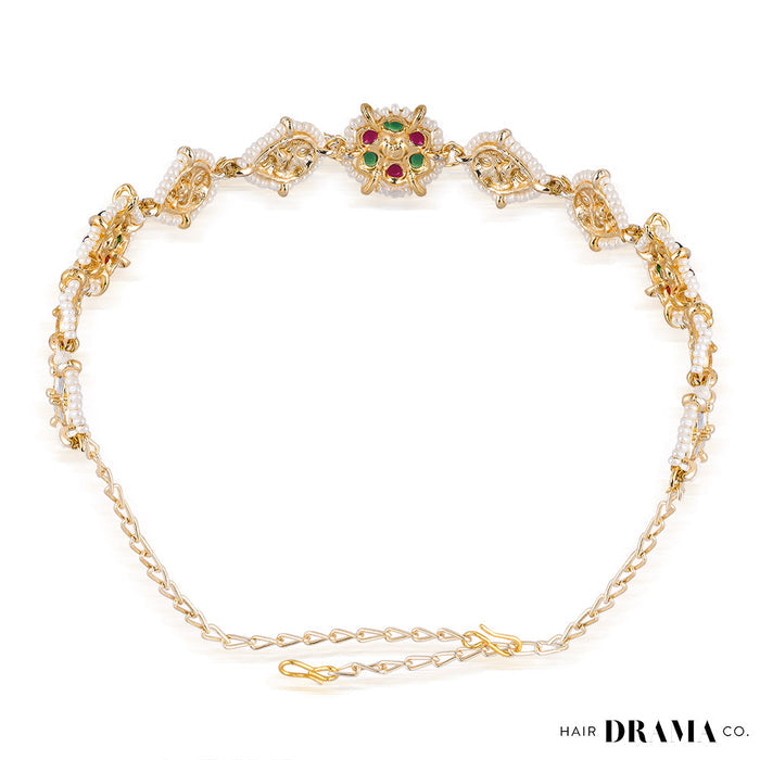 Gold Plated Hair Band for Women with Pearls and Polki - Red, White and Green