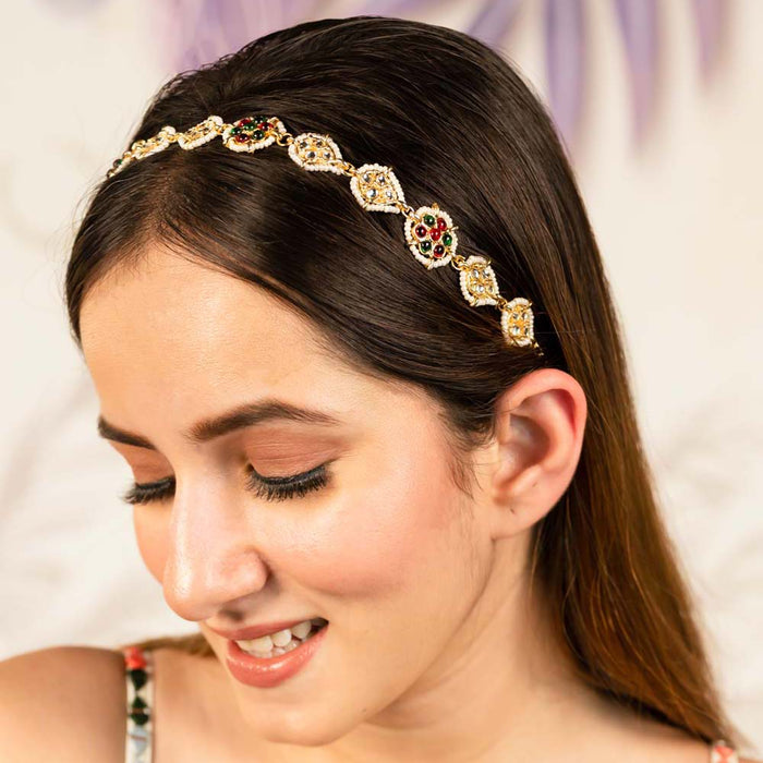 Gold Plated Hair Band for Women with Pearls and Polki - Red, White and Green