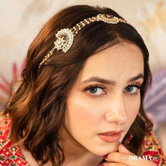 Gold Plated Hair Band with White and Gold Polki and Colorful Stones - Red & Green