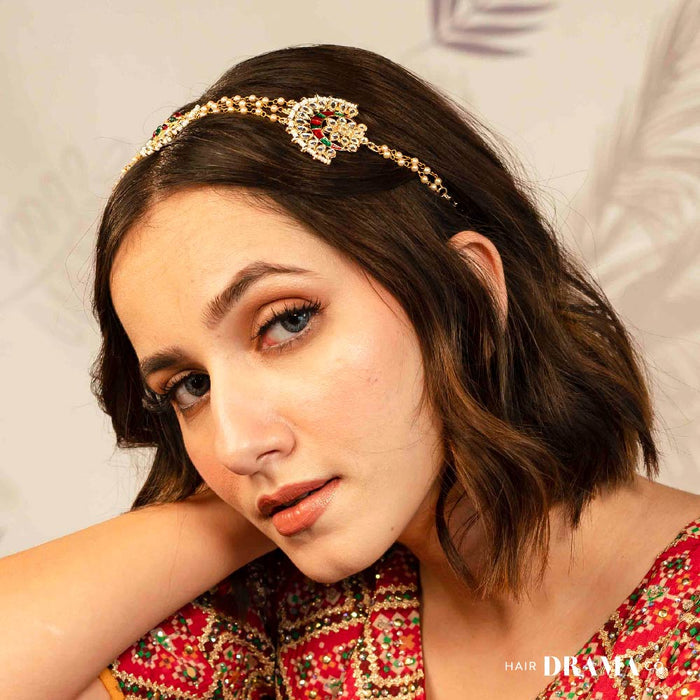 Gold Plated Hair Band with White and Gold Polki and Colorful Stones - Red & Green
