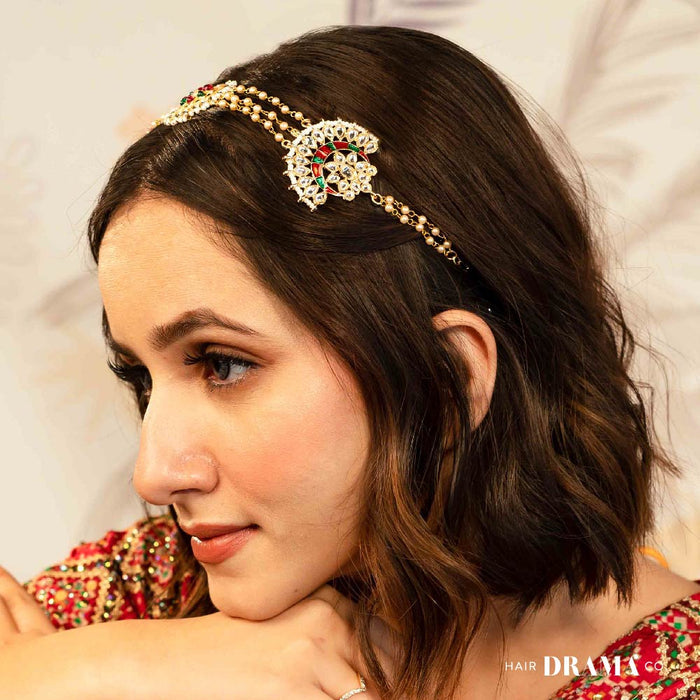 Gold Plated Hair Band with White and Gold Polki and Colorful Stones - Red & Green
