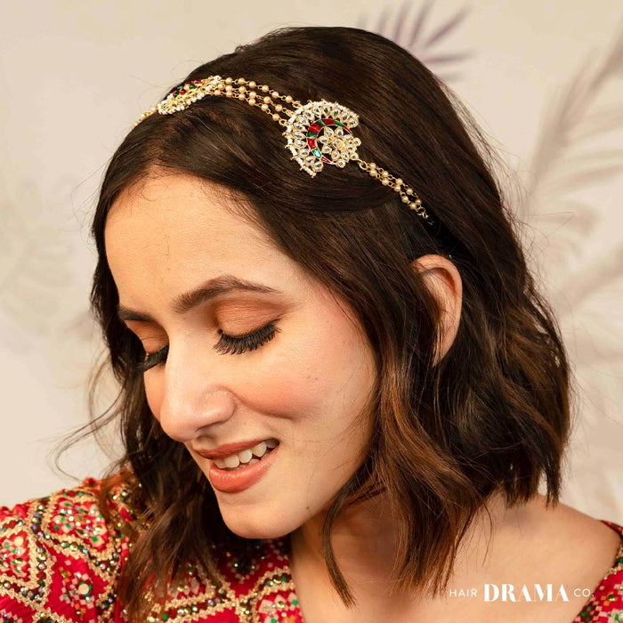 Gold Plated Hair Band with White and Gold Polki and Colorful Stones - Red & Green
