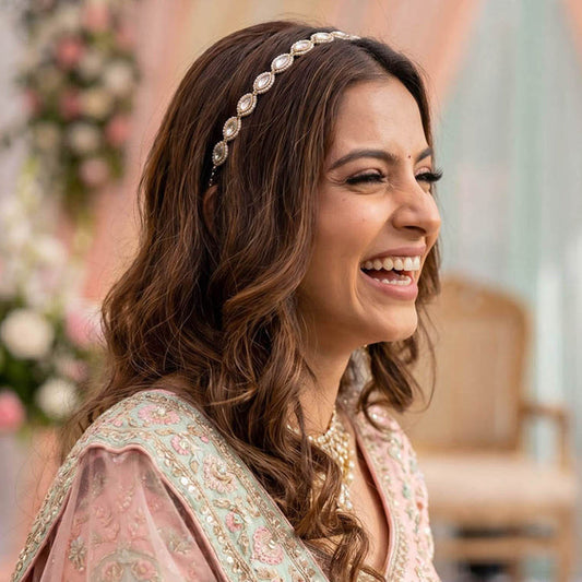 Gold-Plated Kundan, Polki and Pearls Studded Almond-shaped Head Chain