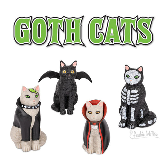 The Goth Cats vinyl figures display a set of four cats, each dressed in detailed gothic-themed costumes.