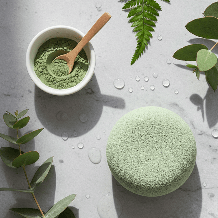 green clay konjac sponge with a bowl of clay