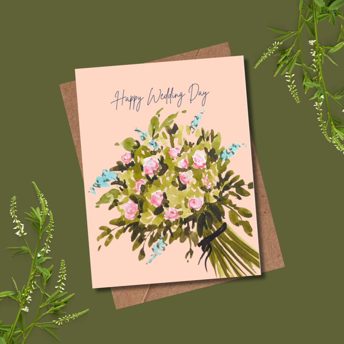 Greeting card with floral design and 'Happy Wedding Day' text on a green background