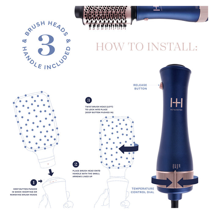 ANNIE all-in-one hair dryer brush blue rose gold handle three brush heads installation diagram