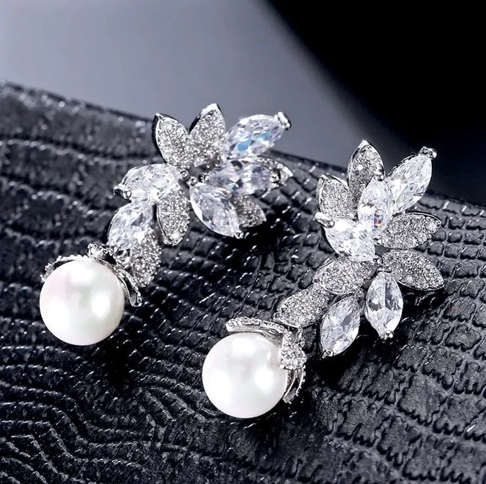 Wedding Jewelry - Pearl and Cubic Zirconia Bridal Earrings - Available in Silver, Rose Gold and Yellow Gold
