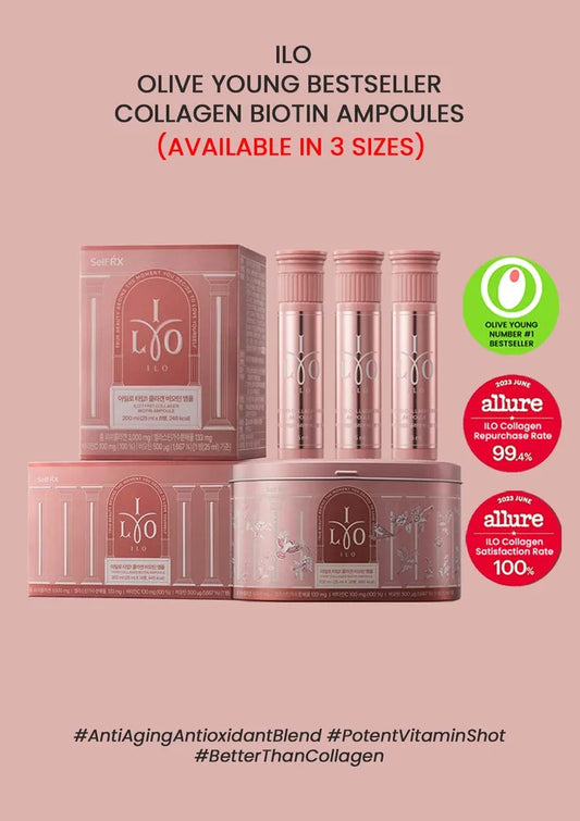 ILO Olive Young Collagen Biotin Ampoules packaging on a pink background