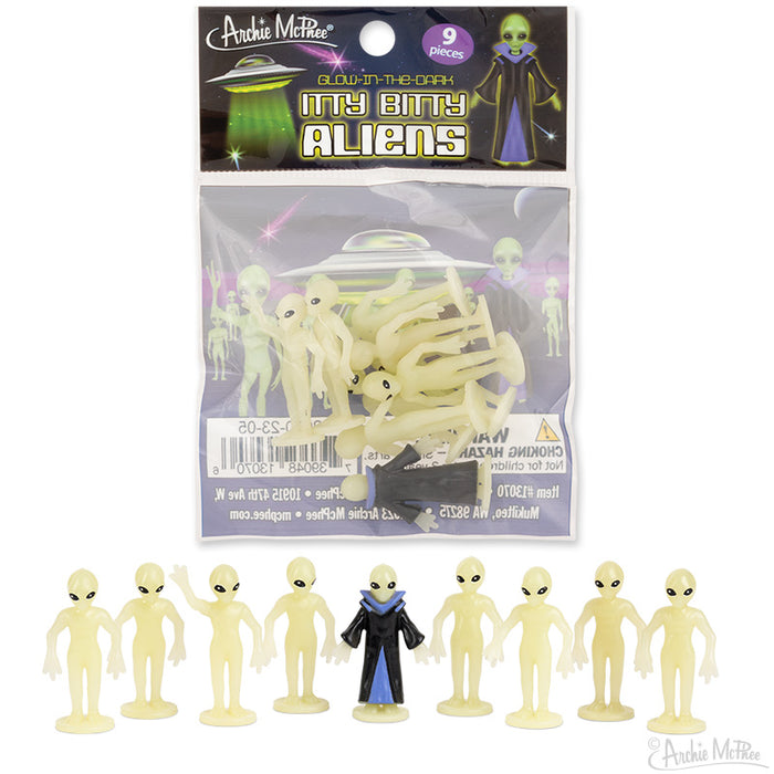 Unveil the enchanting packaging and presentation of Itty Bitty Aliens by Archie McPhee. These glow-in-the-dark alien figurines, featuring one cloaked in mystery, are packaged in an illustrated bag that amplifies their intriguing charm.