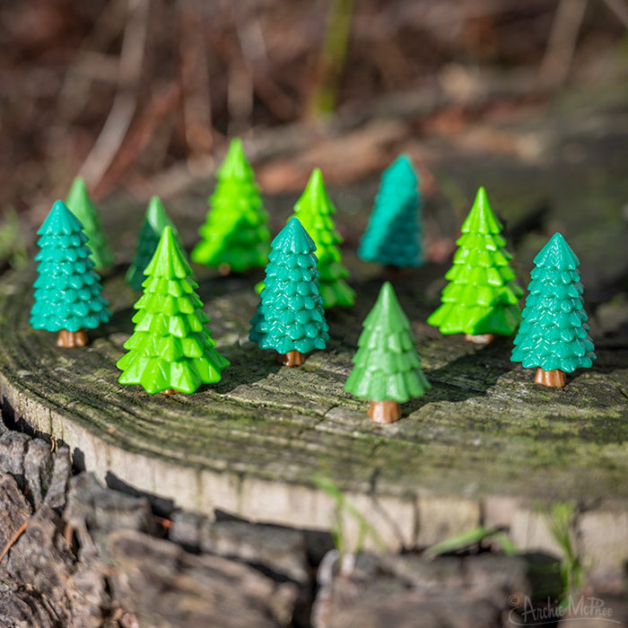 The Itty Bitty Forest, featuring forest-forward hues, is gracefully displayed on a tree stump outdoors.
