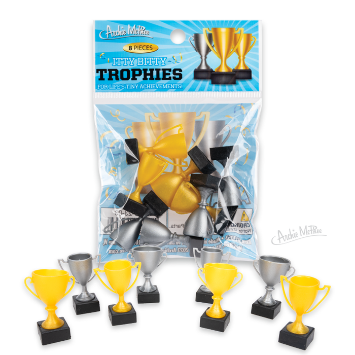 Eight Itty Bitty Trophies in gold and silver plastic—some packaged, others displayed—are ideal as mini or small award trophies for any celebration.