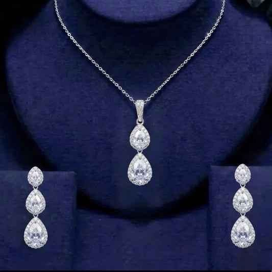 Wedding Jewelry - Cubic Zirconia Bridal Backdrop Necklace and Earrings Set