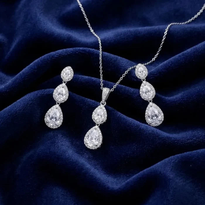 Silver CZ Bridal Necklace & Earrings Set