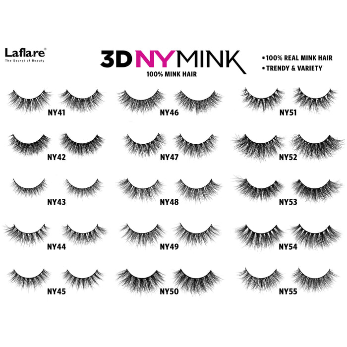LAFLARE display of 3D mink lashes NY52 among assorted numbered 3D NY mink lash styles on white background