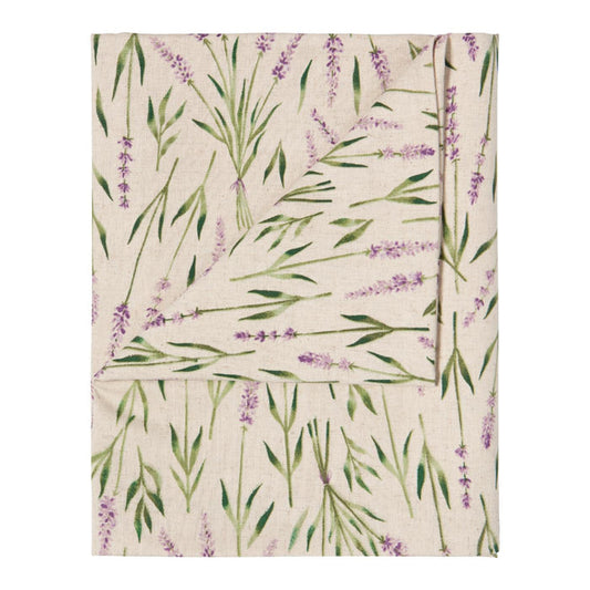 Floral patterned fabric with green leaves and purple flowers on a white background