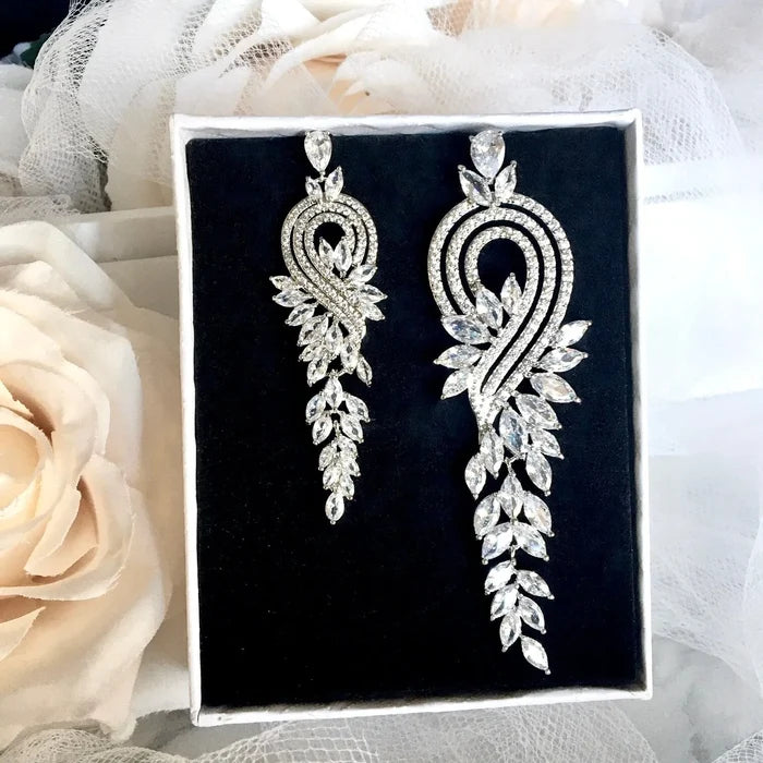 Wedding Jewelry - Silver Cubic Zirconia Bridal Earrings