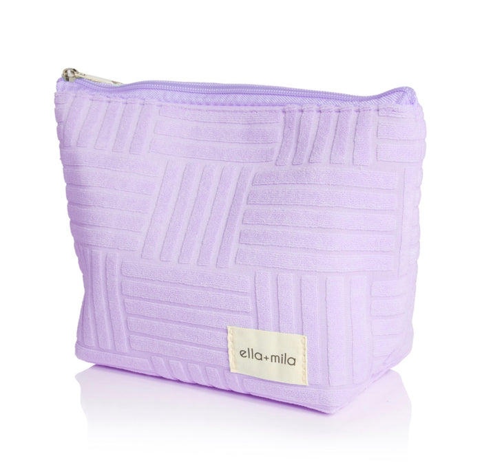 Lola On The Go lavender quilted cosmetic pouch with ella+mila label