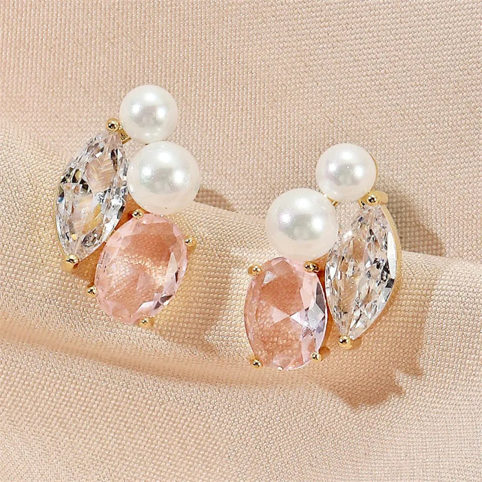 Wedding Jewelry - Pearl and Pink CZ Bridal Stud Earrings