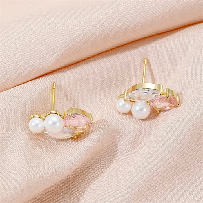 Wedding Jewelry - Pearl and Pink CZ Bridal Stud Earrings