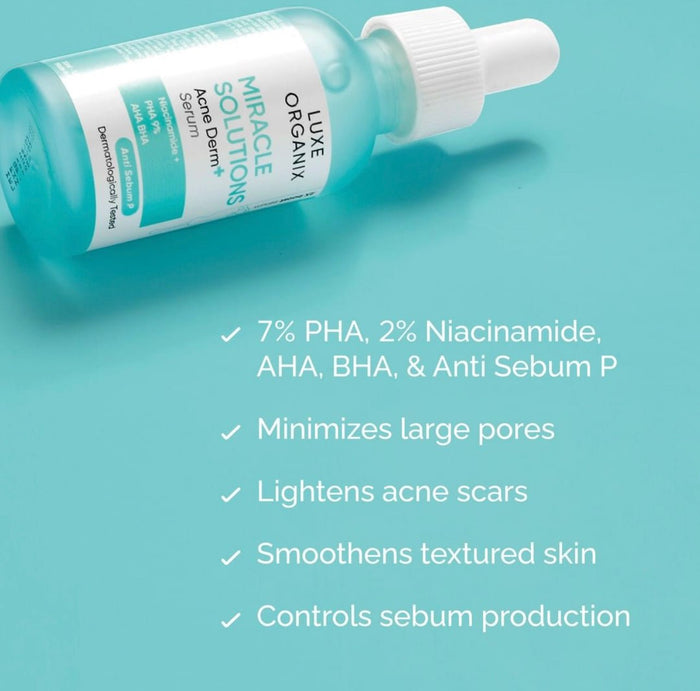 Luxe Organix Miracle Solutions Acne Derm AHA BHA Serum 30ml لوكس أورجانيكس ميراكل سوليوشنز أكني ديرم AHA BHA سيروم 30 مل - Princess Cosmetics Qatar