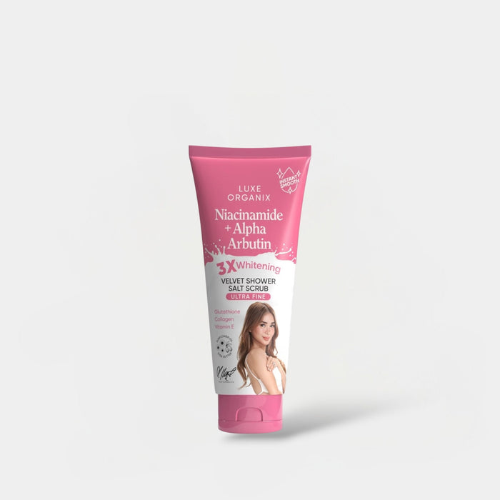 Luxe Organix Niacinamide + Alpha Arbutin Velvet Shower Salt Scrub 320g مقشر الاستحمام المخملي لوكس أورجانيكس نياسيناميد + ألفا أربوتين - Princess Cosmetics Qatar