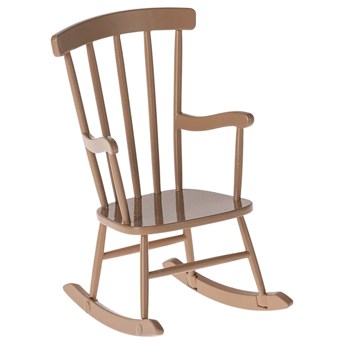 A small, toy-sized rocking chair with a dark powder color, suitable for a mouse doll.