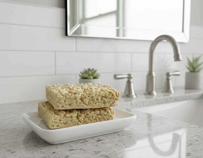 Two dessert-inspired textured soaps on a dish in a modern bathroom with plants and sink.