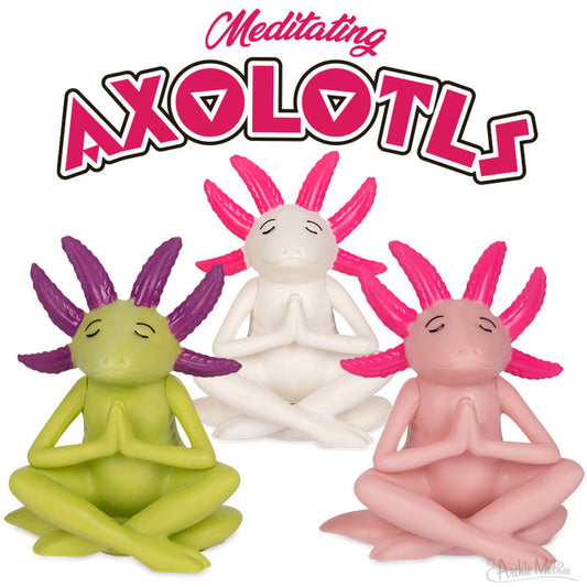 A set of three vibrant, collectible axolotl figures is depicted sitting cross-legged with eyes closed, capturing the essence of mindfulness under the title "Meditating Axolotls.