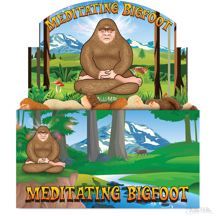 Illustration of the Meditating Bigfoot practicing mindfulness in a forest surrounded by mountains, grass, and small animals.