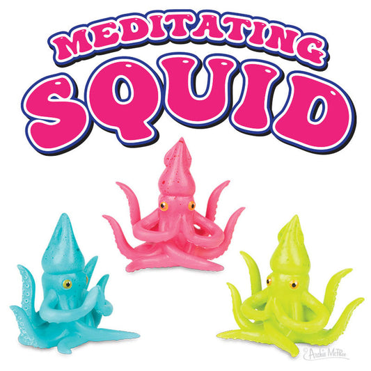 Three vibrant toy squids assume different poses under the name "Meditating Squid," reflecting a peaceful blend of meditation and mindfulness. These Yoga Squids beautifully embody tranquility and centered focus.