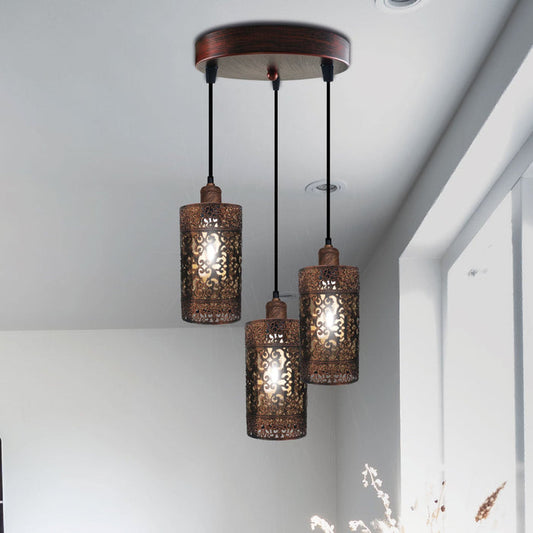 Metal Barrel Cage 3 Head Pendant Light in Rustic Red ~3921