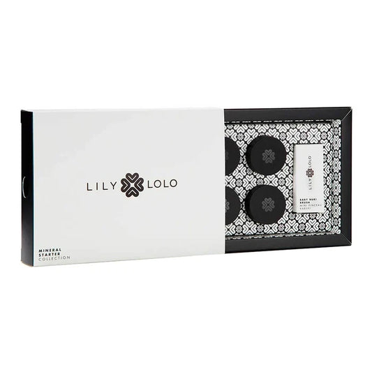 Lily Lolo Mineral Starter Collection box packaging, half open showing brush box and 4 pots of mineral foundation and more.