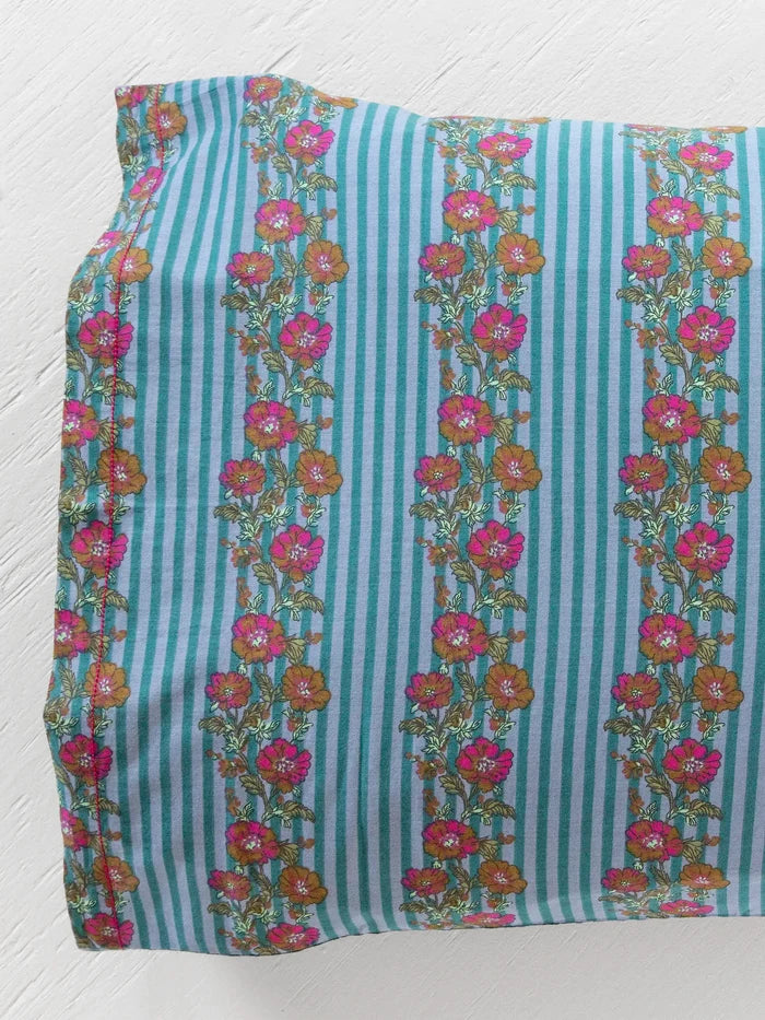 Mix & Match Cotton Pillowcase, Single - Blue Floral Stripe-view 3