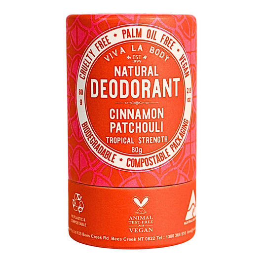 An 80g cardboard tube of cinnamon and patchouli scented natural dedorant.