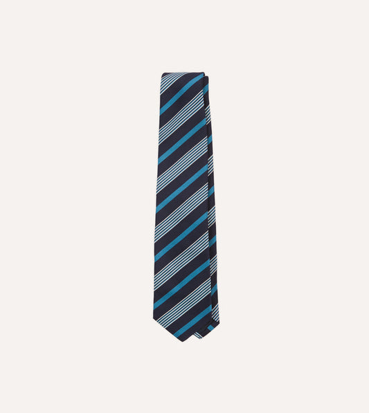 Navy, Blue and White Multi Stripe Mogador Silk Tipped Tie