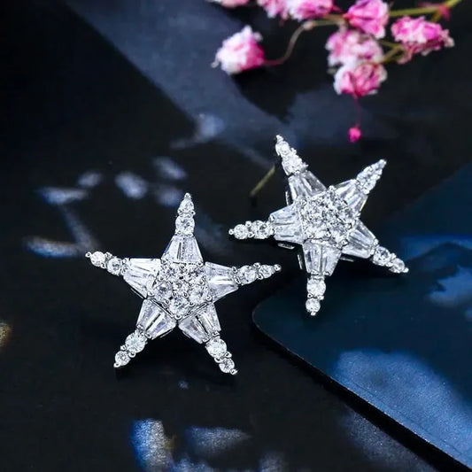 Wedding Jewelry - Cubic Zirconia Star Bridal Earrings - Available in Silver, Rose Gold and Yellow Gold