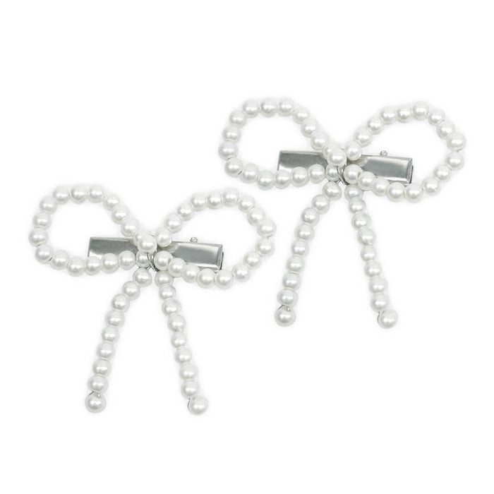 Off-White Embellished Pearl Hair Bow Alligator Clip - Set of 2