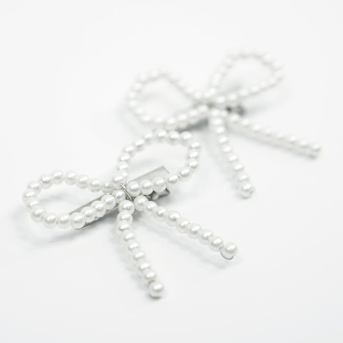 Off-White Embellished Pearl Hair Bow Alligator Clip - Set of 2