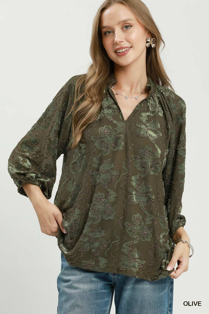Olive Shimmer Velvet Floral Blouse