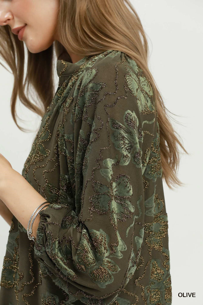 Olive Shimmer Velvet Floral Blouse